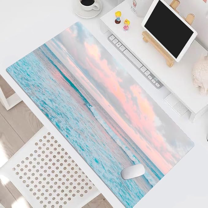 EOBTAIN Blue Beach Large Mouse Pad Coastal Desk Mat Cute Ocean Scene XXL Keyboard and Mouse Pad Desk Accessories for Office Home,Thin and Big Extended Smooth Non Slip Rubber Mousepad,31.5x15.7 Inch