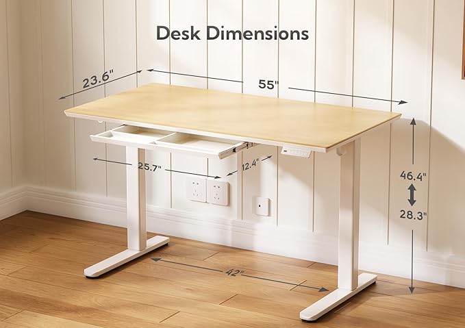 INNOVAR Bamboo Standing Desk with Drawers,55 Inch Adjustable Stand Up Desk,Quick Install Electric Home Office Stand Desks with Whole-Piece Board,Adjustable Height Computer Desks,White Frame/Bamboo Top