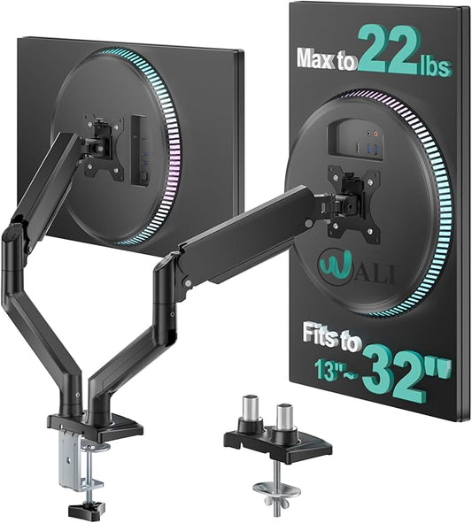 WALI Dual Monitor Stand for 13-32 inch Computer Screens, Dual Monitor Arms for 2 Monitors Holds up to 22 lbs, Height Adjustable Gas Spring Dual Monitors Mount, VESA 75x75/100x100mm (GSMP002N), Black