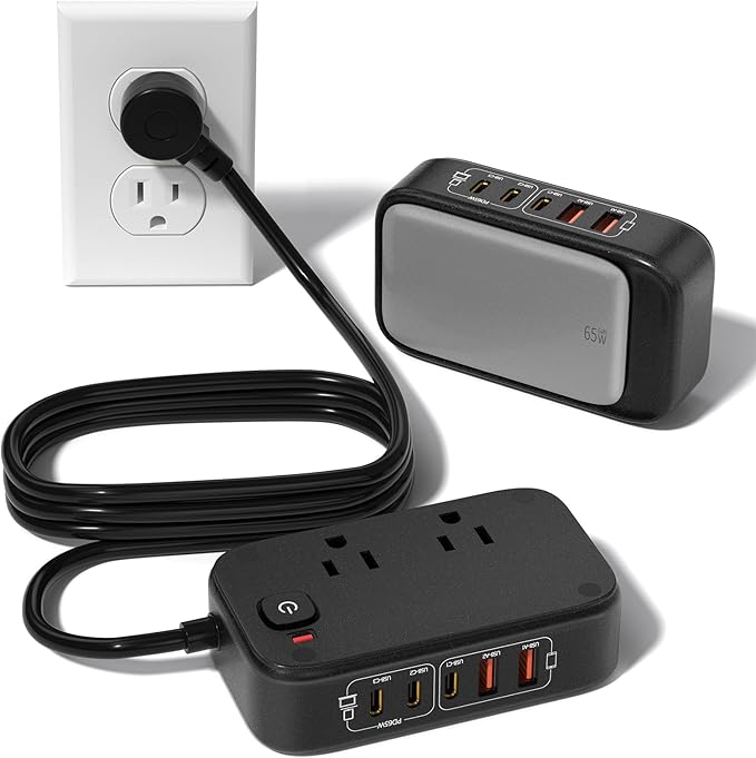 7-in-1 Power Strip, PD GaN 65W USB C Power Strip with 3 USB-C, 2 USB-A Ports and 2500W AC Outlet, Flat Plug Essentials for Home/Office/College/Travel (Pearl Black, 65W)