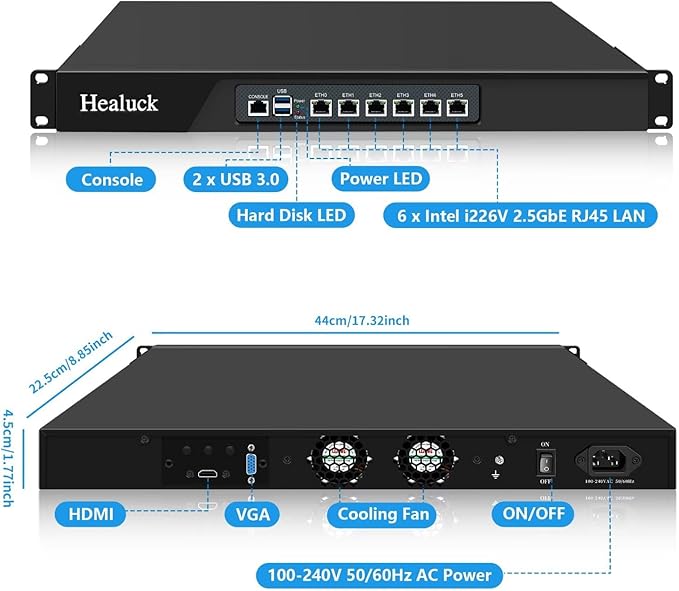 1U N100 Firewall Appliance Rackmount, 19” Rack Firewall Hardware with 6 Port i226-V 2.5GbE LAN, 1U OPNsense Homelab Server DDR5 8GB RAM 256GB SSD, HD + VGA Dual Display