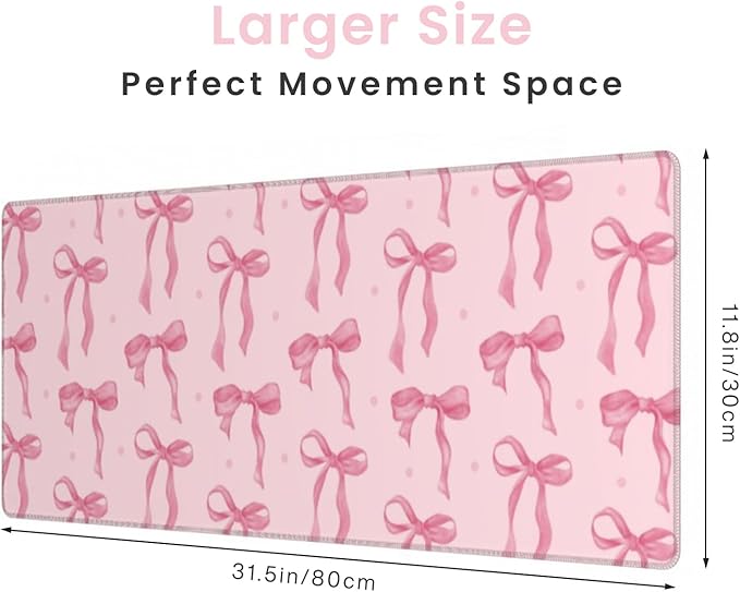Pink Desk Mat, Pink Mouse Pad with Bows Computer Mat Desk Accessories, Large Gaming Keyboard and Mouse Pad Non-Slip Rubber Base, Cute Girly Office Supplies Desktop Decor for Girls Women 31.5 x 11.8in