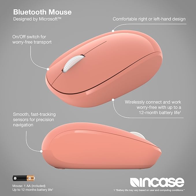 Incase Bluetooth Mouse - Designed by Microsoft - Compact, Comfortable, Right/Left Hand Use, 4-Way Scroll Wheel, Wireless Bluetooth Mouse for PC/Laptop/Desktop, Mac/Windows Computer (Peach)