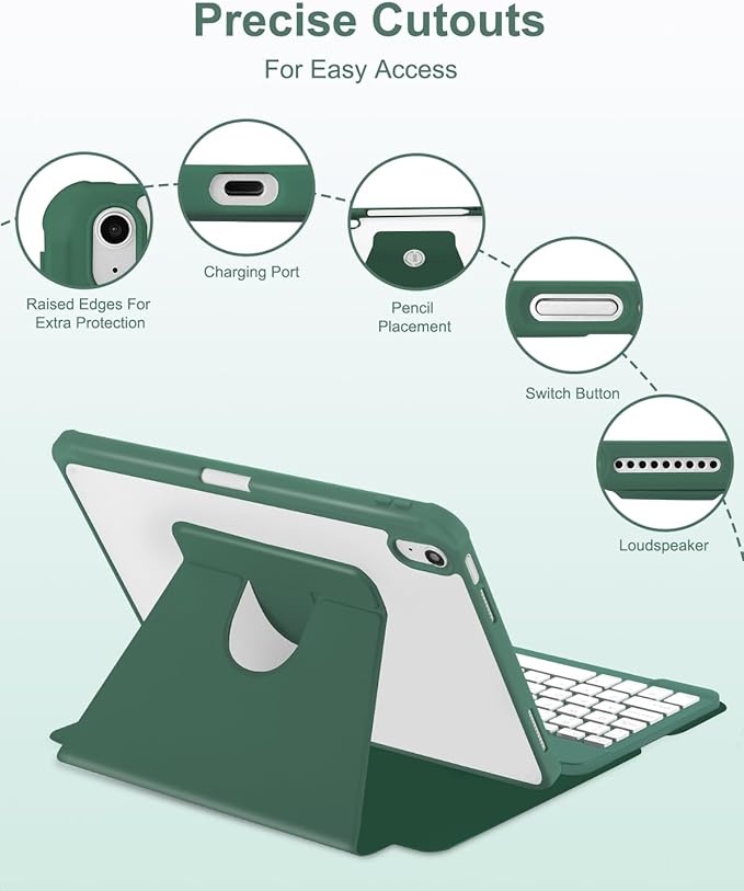 Case with Keyboard Mouse for iPad A16 11th 10th Generation 11/10.9 inch,Rainbow Backlit Detachable Keypad Rotatable Magnetic Cover with Pencil Holder for iPad 11 2025 10 Gen 2022 Dark Green