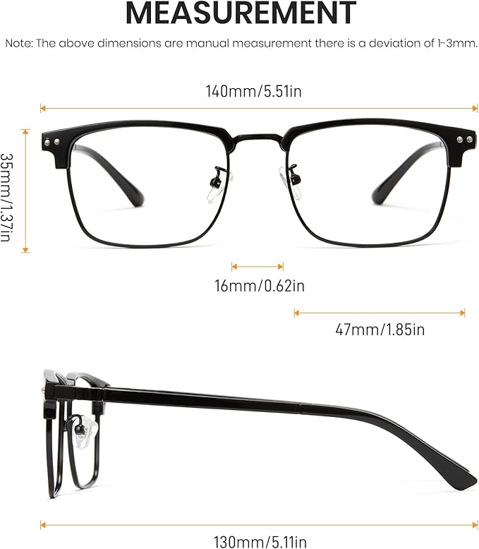 Cyxus Blue Light Blocking Glasses for Men Women, Half Rim Square Metal Frame Computer Gaming Glasses, Lightweight 8133