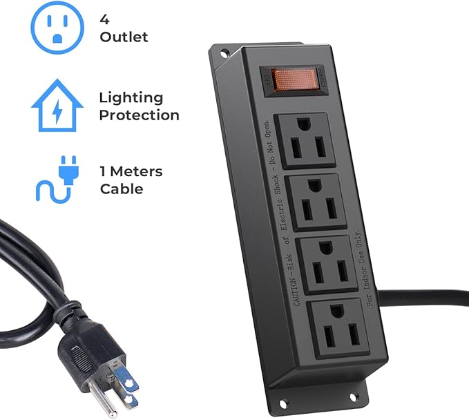 2 Packs Wall Mount Power Outlet Strip, 4 Outlet Mountable Power Strip with Switch, 3ft Cord Under Desk Power Strip for Office/Industrial/Home, Flat Plug, Black