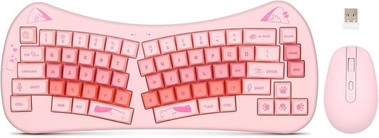 Cute Cat Keyboard and Mouse Wireless, Cat Theme, Silent Keys, Pinkish Colors, Ergnomic Split Keyboard and Optical Mouse with 2.4G USB Receiver, for Windows/Mac/PC/Laptop