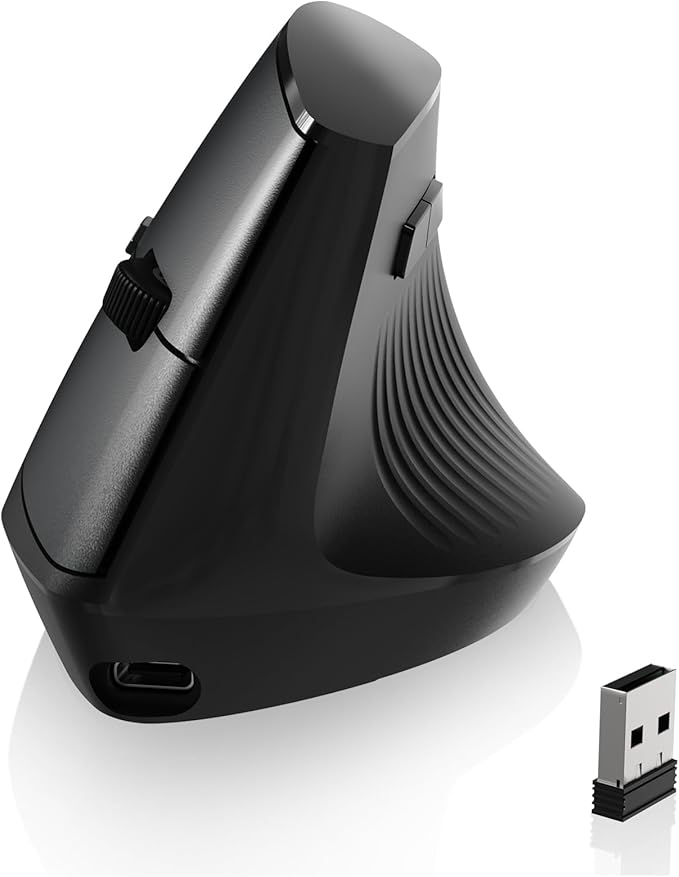 A.JAZZ I300 Bluetooth and 2.4G Rechargeable Wireless Mouse,Ergonomic Vertical Design Optical Mouse Computer Mice,800/1200/1600 DPI,Quiet Clicks,84G Lightweight for Laptop, Desktop, PC, MacBook(Black)
