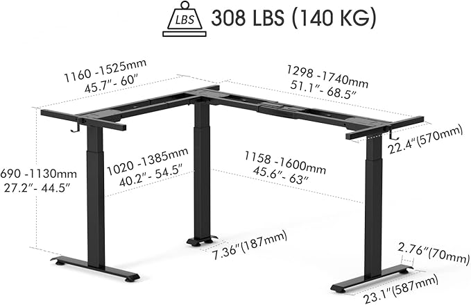 FEZIBO 75 Inches, Supports Over 300lbs, Large L Shaped Standing Desk, Electric Height Adjustable L Shaped Desk, Suitable for Home Office, Black Frame/Black Top