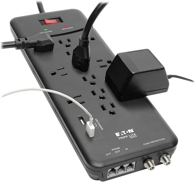 Eaton Tripp Lite TLP128TTUSBB Surge Protector Power Strip, 2 USB Charging Ports, 12 Outlets, Flat Plug 8ft Extension Cord, 4320 Joules | Coax and RJ11 Port for Home Phone, TV, & WiFi Router Protection