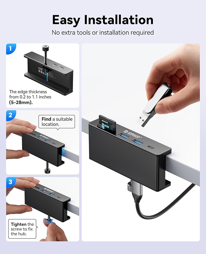 ORICO USB Hub 3.2, Clamp USB-Hub with Extra Power Supply Port, 10Gbps Aluminum 5-Port USB Extender with 2 USB-A 3.2 Ports, USB-C 3.2, SD/TF Card Reader 3.0, USB-3.2 Splitter for Monitor, Desk