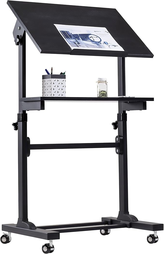 Mount-It! Portable Standing Desk with Wheels, Rolling Mobile Laptop Desk, Height Adjustable Sit Stand Workstation (41.3″–50″), Small Compact Mobile Lectern Podium for Home Office, Classroom & Training