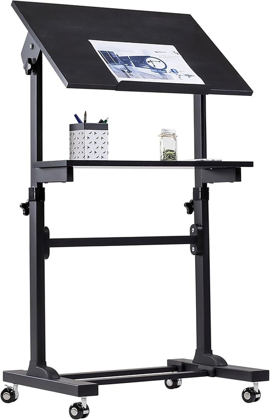 Mount-It! Portable Standing Desk with Wheels, Rolling Mobile Laptop Desk, Height Adjustable Sit Stand Workstation (41.3″–50″), Small Compact Mobile Lectern Podium for Home Office, Classroom & Training