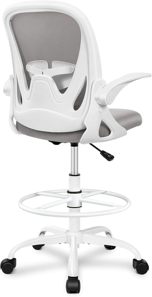Ergonomic Drafting Chair with Flip-Up Armrests & Adjustable Footrest – Tall Office Chair for Standing Desks, Lumbar Support, Gray – Home & Office Comfort
