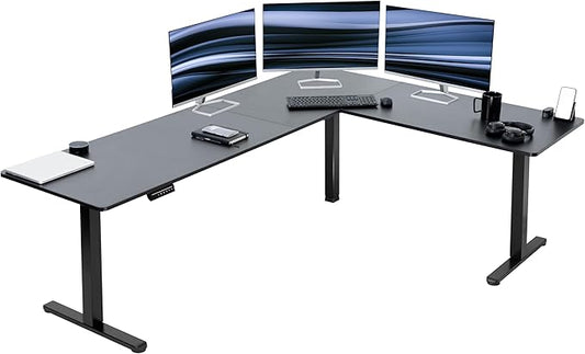 VIVO Corner Standing Desk, 84 x 63 inch Reversible L-Shaped Workstation, Electric Height Adjustment, Home, Office, and Reception Rooms, Black Table Top Black Frame, DESK-E3CTBB-84