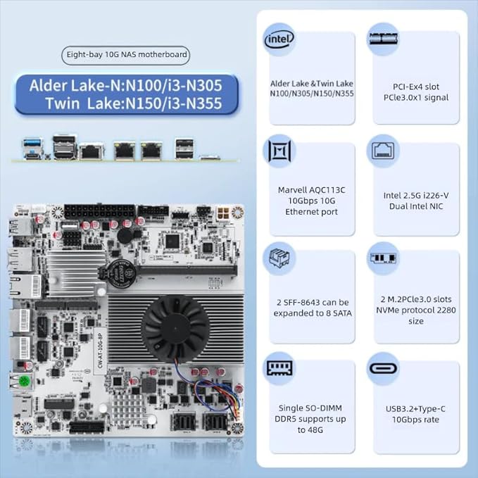 8-Bay NAS Mini ITX 10Gbps NAS Motherboard Adaptable to Support 8sata One 10Gbps Electrical Port Two 2.5G Electrical Ports Two m.2 nvme Two pcie3.0 Type-c 10Gbps (N150+2x8643)