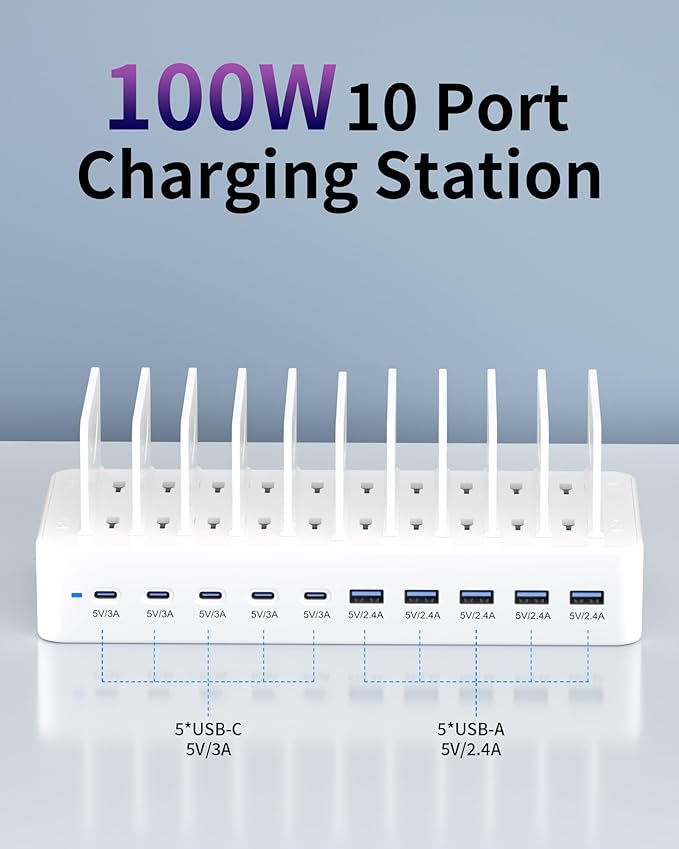 100W Charging Station for Multiple Devices, 10-Port USB Fast Charging Station with Adjustable Dividers & 10 Cables- Multi Device Organizer Charging Dock for iPhone, iPad, Tablets & More(White)