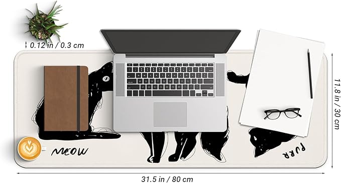 Funny Cute Cat Gaming Mouse Pad with Non-Slip Rubber Base, Large Anime Mousepad with Stitched Edges, Long Keyboard Mat for Home and Office, 31.5 x 11.8 inches (Funny Black Cat)