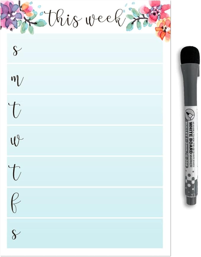 Dry Erase Weekly Calendar Planner Sticker Decal | Removable & Reusable | Magnetic Fine-Tip Marker Included (6 x 9 inches, Floral)