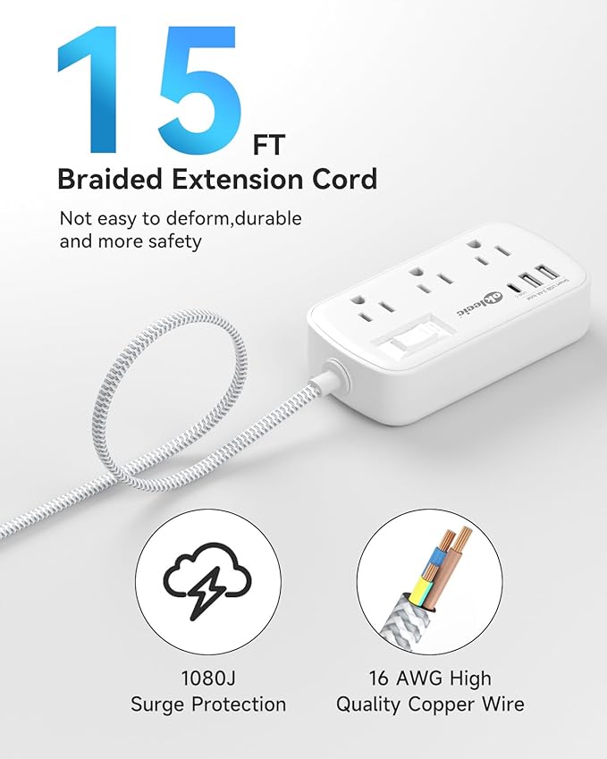 Extension Cord 15 ft - Surge Protector Power Strip Flat Plug with 6 Widely Outlets 3 USB (5V/3.4A 17W) Charging Ports, Multi Plug Wall Outlet Splitter for Home Bedroom Hotel Office Desktop Accessories