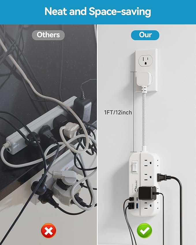 Short Extension Cord 1 ft - Flat Plug Power Strip Surge Protetor with 8 Outlets 4 USB (5V/3.4A 17W) Charging Ports, Multi Plug Wall Outlet Splitter for Home Bedroom Hotel Office Desktop Accessories