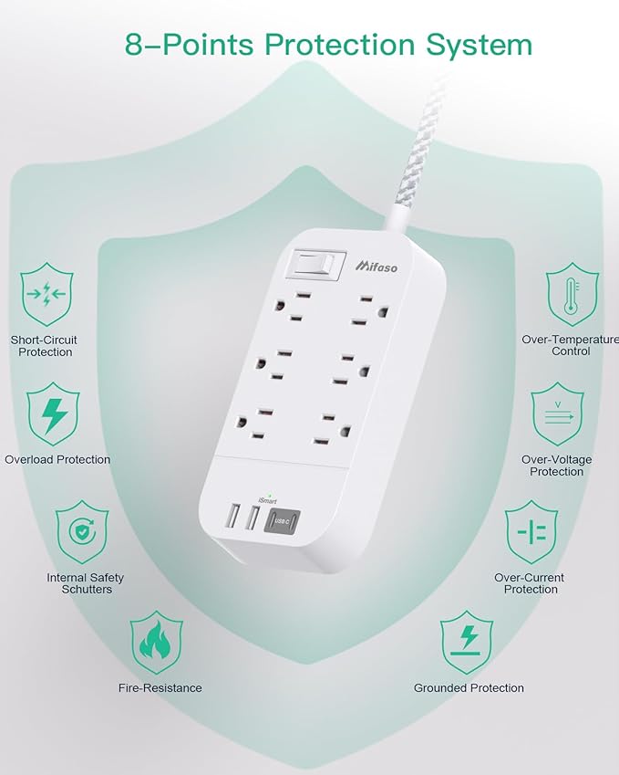 Power Strip - 15 FT Long Flat Plug Extension Cord, 6 Outlets 4 USB Ports（2 USB C, Outlet Extender with Overload Protection, Wall Mount, Desktop Charging Station for Office and Dorm Essential