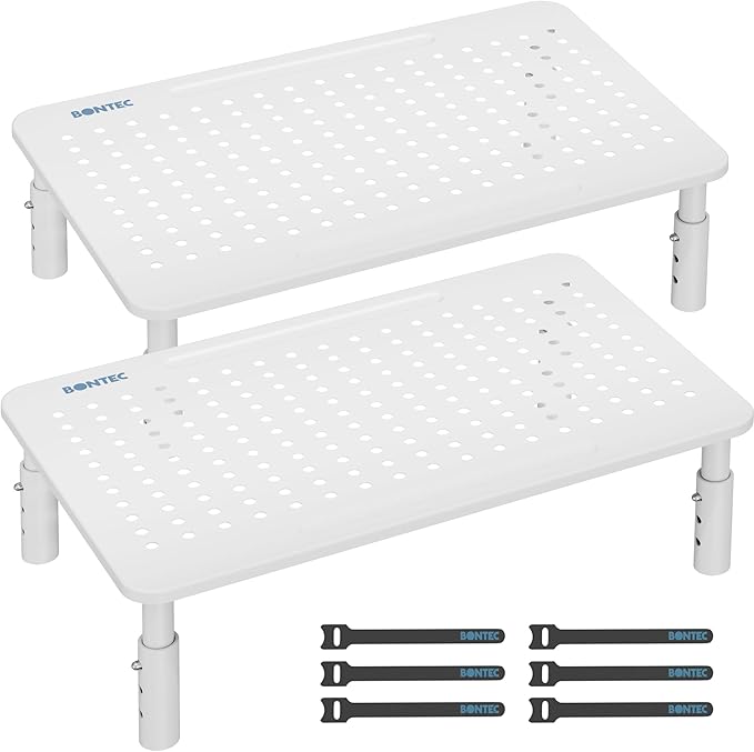 BONTEC Monitor Stand 2 Pack Height Adjustable Metal Riser with Pen Holder, White, 14.5” x 9.1”, Ergonomic Desktop Stand for Computer, Printer, Laptop, Adjustable Desk Riser with Cable Management