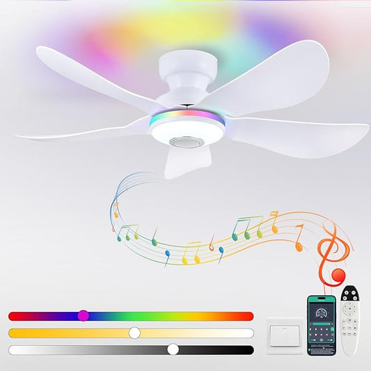 46" Ceiling Fans with RGB Lights Remote/APP Control, Flush Mount, 3 CCT Dimmable White Lights+RGB Ring Lights+Music Player, 5 Reversible Plastic Blades 6 Speeds for Party Bar, White