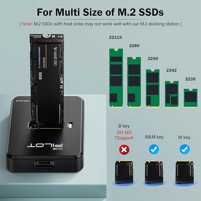 Tool-Free M.2 NVMe & SATA to USB C Docking Station, 10Gbps SSD Reader Adapter for Data Rescue & External Storage, Supports M/B+M Key NVMe PCIe & SATA NGFF 2230-22110, for Laptop, PC