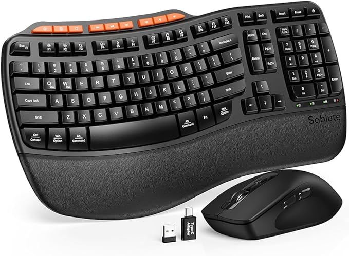 Ergonomic Wireless Keyboard and Mouse Combo, 2.4G Full Size Wave Key Board with Cushioned Palm Rest, Natural Typing, 3 DPI Adjustable Mouse, USB-A & C for Computer/Laptop/Mac/Tablet - Sablute MA31