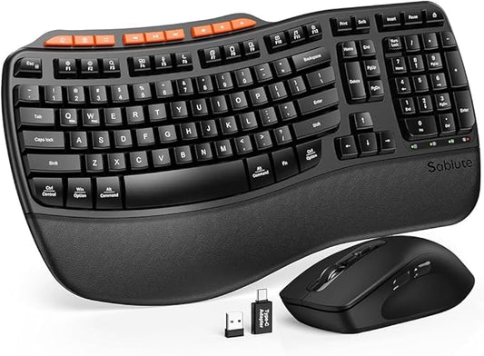 Ergonomic Wireless Keyboard and Mouse Combo, 2.4G Full Size Wave Key Board with Cushioned Palm Rest, Natural Typing, 3 DPI Adjustable Mouse, USB-A & C for Computer/Laptop/Mac/Tablet - Sablute MA31