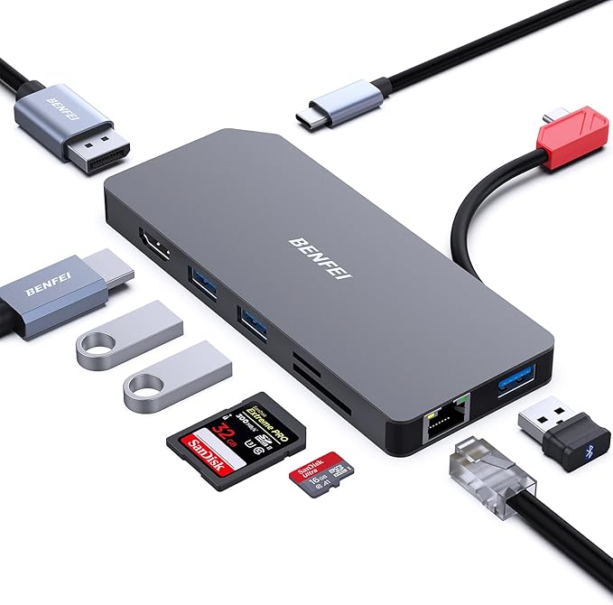 BENFEI 9in1 USB C MST Laptop Docking Station, USB-C Hub with HDMI DisplayPort Dual Monitor/3*USB Type-A/1*USB Type-C(10Gbps+100W PD)/SD/TF Card Reader/1*RJ45
