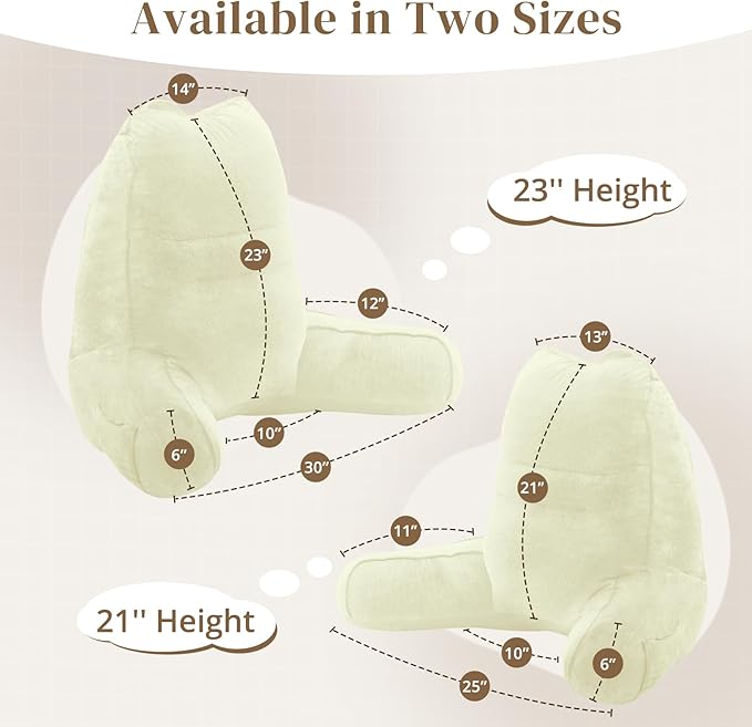 Sasttie Reading Pillow for Bed - 23 Inch, Back Pillow for Bed Sitting Up, Back-Rest Support Cushion with Side Pockets and Arms, Dorm Essentials, Oeko-Tex Certified, Cream