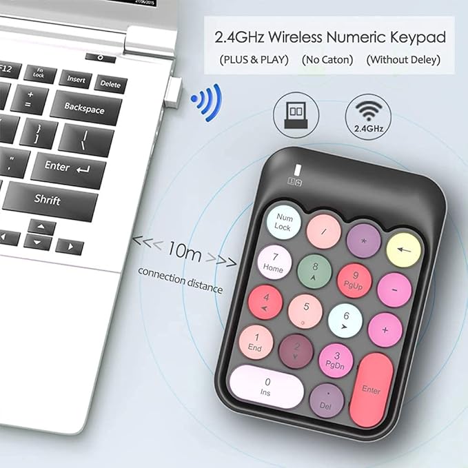 FELICON Wireless Numeric Keypad 18 Keys with 2.4G Mini Portable Silent Number Pad USB Receiver Financial Accounting Keyboard Extensions for Laptop Desktop PC Pro（Black Mix）