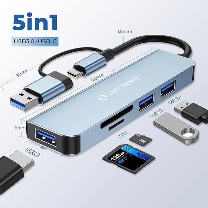 USB Hub 5 Ports, Multiple USB Hub 3.0 & TF/SD Card Reader, USB Splitter 5 in 1 USB Extender Compatible with MacBook/Pad Pro/Dell/HP Laptop/Phones…