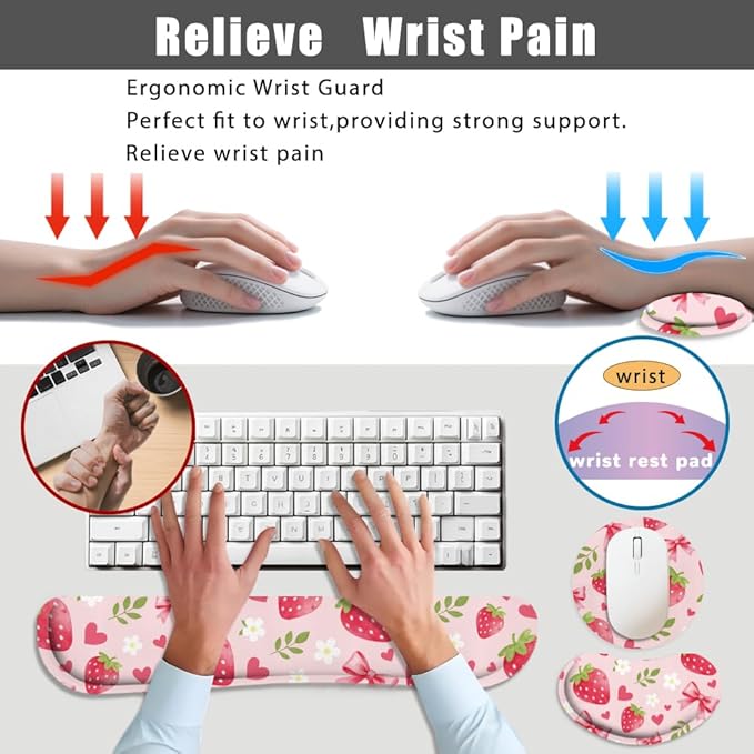 4 in 1 Large Keyboard Mouse Pad Set, Ergonomic Keyboard Wrist Rest Pad, Wrist Support Mousepad Set, Cup Coaster, Extended Desk Mat for Home Game Women Office Desk Decor Accessories(Pink)