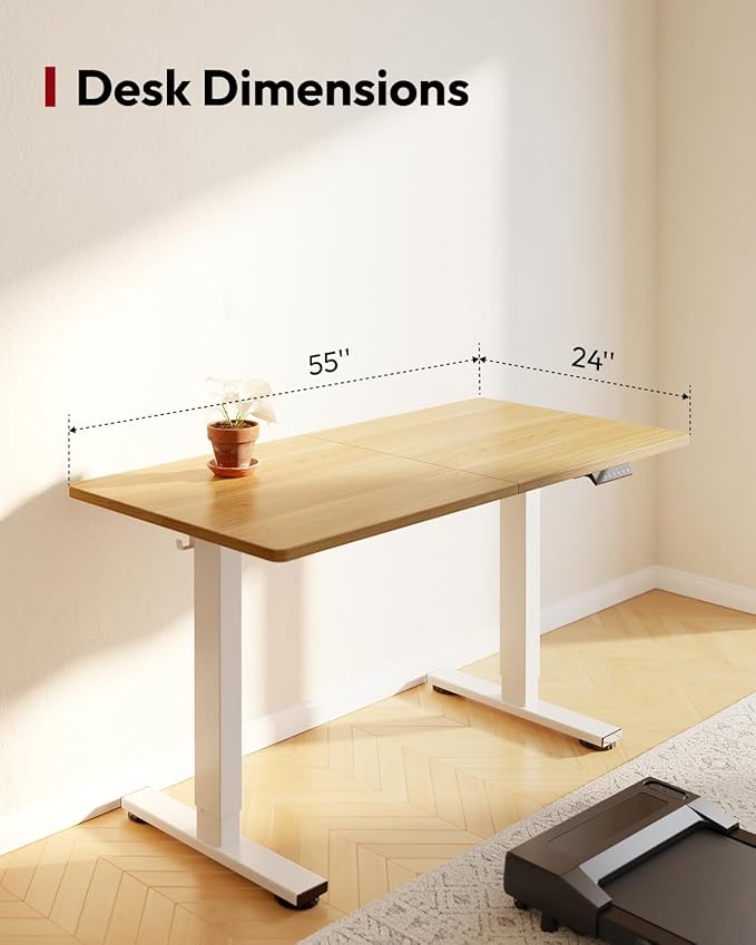 SANODESK Height Adjustable Electric Standing Desk 55x24 Inches, Sit Stand Desk with Splice Board for Home Office, Ergonomic Computer Workstation, Study & Gaming, White Frame/Maple Top