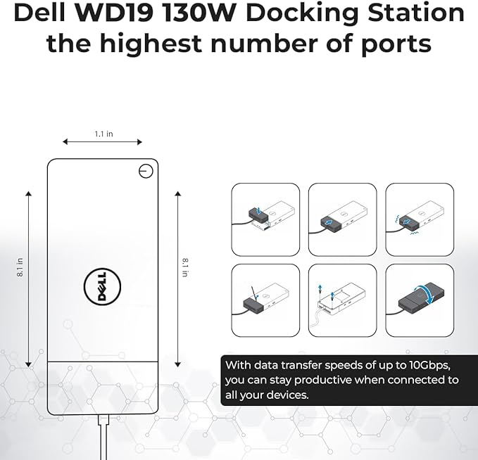 Dell WD19 130W Docking Station Bundle with 130W Power Adapter + HDMI Cable + DisplayPort Cable + USB-C Cable + Microfiber Cloth Included
