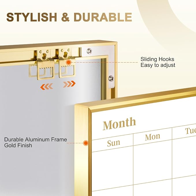 Small Dry Erase Calendar Whiteboard and Cork Board Combo, 16'' x 12'' Monthly White Board with Gold Aluminum Frame, Portable Calendar Board for Home Office School