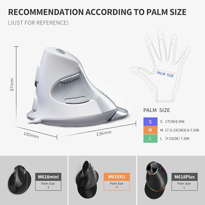 DELUX Wired Ergonomic Vertical Mouse, Vertical Mouse for Medium Hands, Removable Wrist Rest, Silent Click Ergo Mouse, Up to 4200 DPI, 6 Programmable Buttons, Compatible with Laptop/PC (M618XU-White)