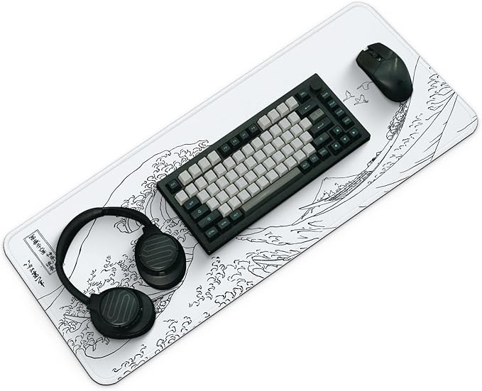 Gaming Mouse Pad, Large 31.5 x 11.8 inches Mousepad, Long Keyboard Pad, Cute Mouse Mat for Computer with Stitched Edges and Non-Slip Base (Japanese Grey White Wave)