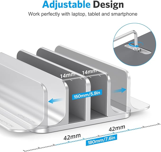 OMOTON [Updated Dock Version] Vertical Laptop Stand, Double Desktop Stand Holder with Adjustable Dock (Up to 17.3 inch), Fits All MacBook/Surface/Samsung/HP/Dell/Chrome Book (Silver)