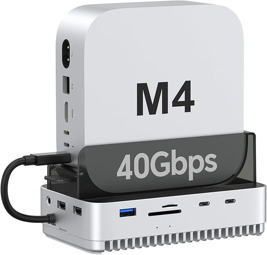 Qwiizlab 40Gbps Mac mini M4/M4 Pro Stand Hub with NVMe SSD Enclosure, Docking Station with USB-C 10Gbps, USB-A 10Gbps, TF/SD 4.0 Card Readers 312MB/s, USB-A 2.0, Fits M.2 PCIe up to 8TB