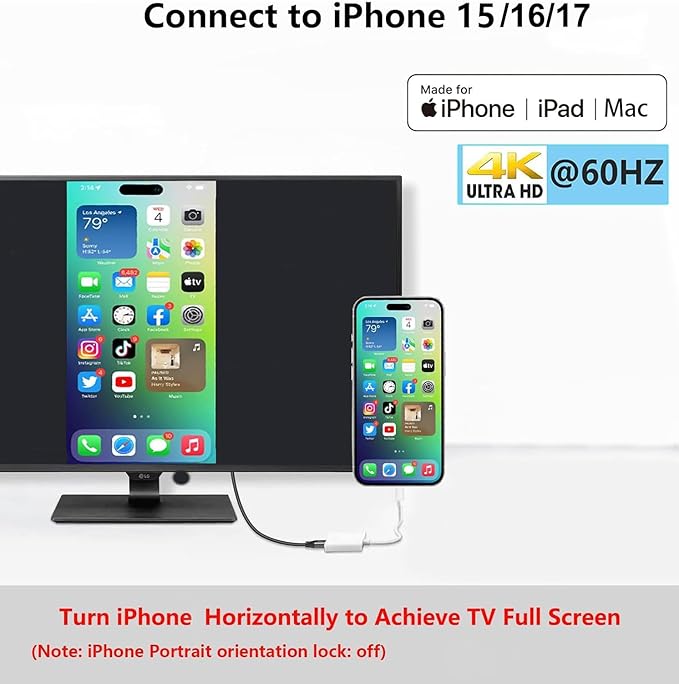 USB-C to HDMI Adapter 4K@60Hz for iPhone 15 16 MacBook Pro Air iPad Pro, USB 3.1 Type C Digital AV HDMI 2.0 Cord Compatible with Samsung Galaxy S25/S24/S23/S22, Pixelbook, XPS and More