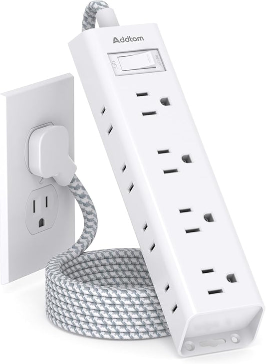 10FT Extension Cord - Power Strip Surge Protector, Flat Plug, Addtam 12 Widely Outlets 3 Sides Outlet Extender, 1080J, Wall Mount, Desk Charging Station Compact for Home Office Dorm Room Essentials