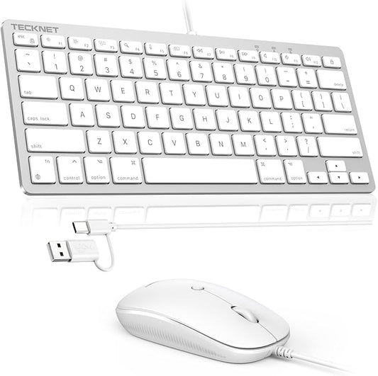 TECKNET USB Wired Keyboard and Mouse Compatible with Mac, Dual Interface(Type-C and USB A), Ergonomic Slim Keyboard Set for PC/Laptop, Compatible with MacBook, iMac, Mac mini/Pro, White