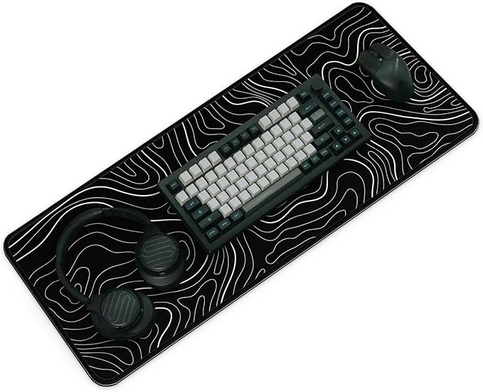 Large Computer Mouse Pad with Non-Slip Base for Desktop, Cute Gaming Mouse Mat with Stitched Edges, Long Extended Anime Mousepad for Laptop, 31.5 x 11.8 inches (Black Topographic Map)