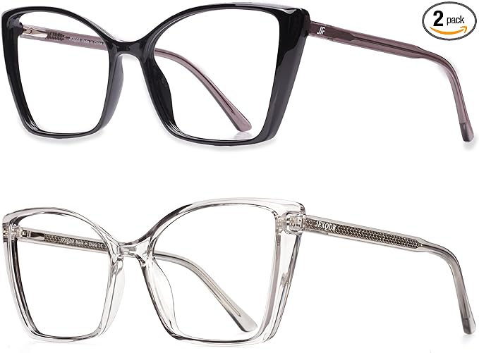 2 Pack Blue Light Blocking Glasses for Women, Oversized Trendy Cat Eye Computer Gaming Glasses Anti Glare & UV Glare RF6204 (Black + Clear Grey Cateye Frame)