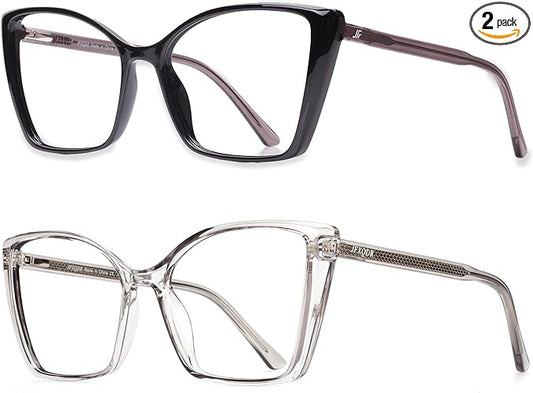 2 Pack Blue Light Blocking Glasses for Women, Oversized Trendy Cat Eye Computer Gaming Glasses Anti Glare & UV Glare RF6204 (Black + Clear Grey Cateye Frame)