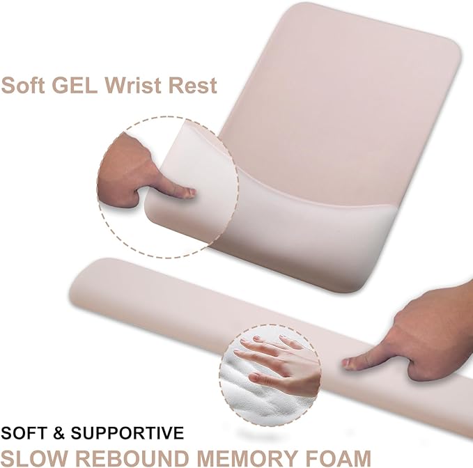 Ergonomic Mouse Pad with Wrist Rest, Gel Keyboard Wrist Rest and Memory Foam Wrist Rest for Computer Keyboard, Typing Pain Relief, Non-Slip Base Rectangular Mousepad for Gaming, Office, Home, Apricot